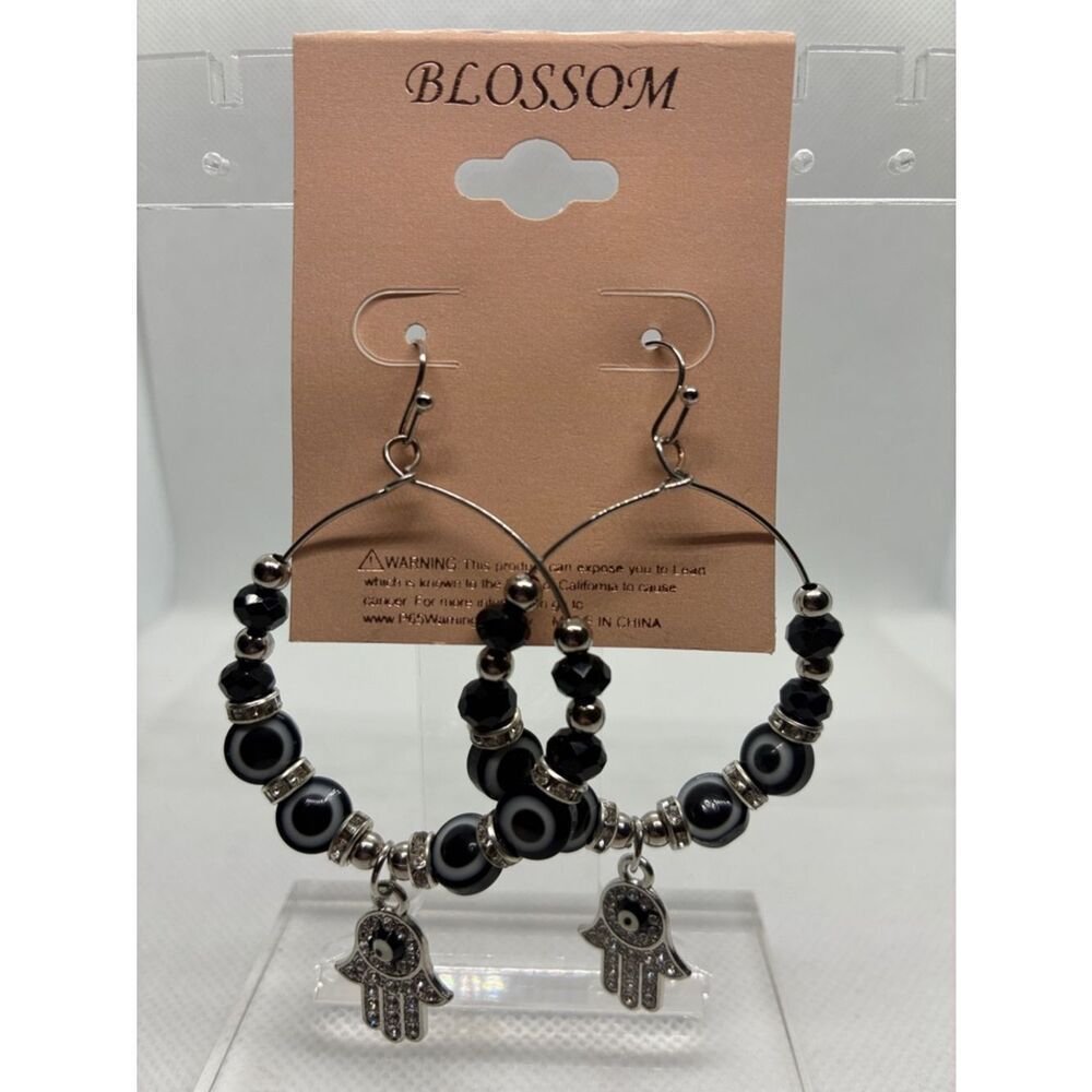 3For$20 Blossom Black and Silver Hamsa Hoop Earrings